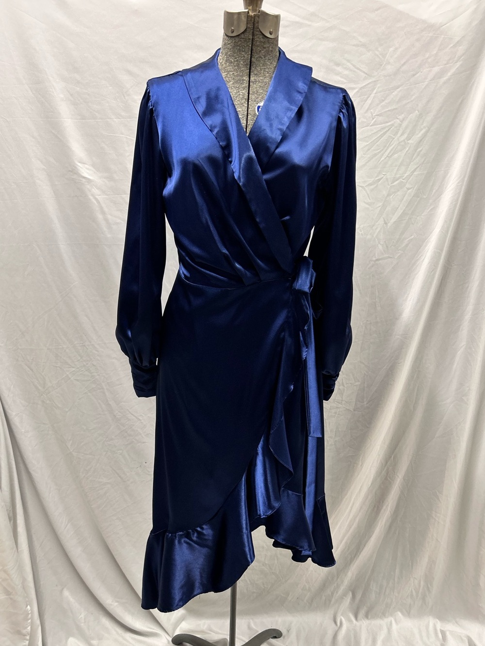 The Fashion Poet Navy Satin Wrap Dress - Size Medium